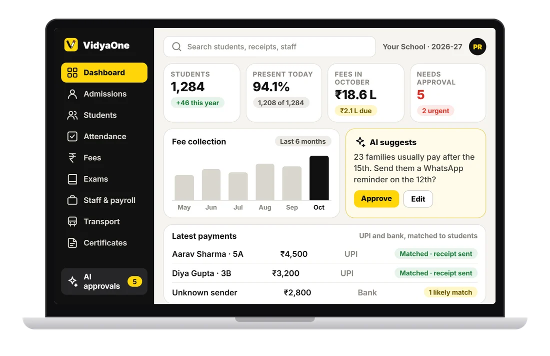 VidyaOne School Admin Panel: design preview with example data